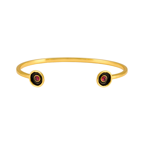 Armreif aus Messing, vergoldet, Emaille, roter Quartz
